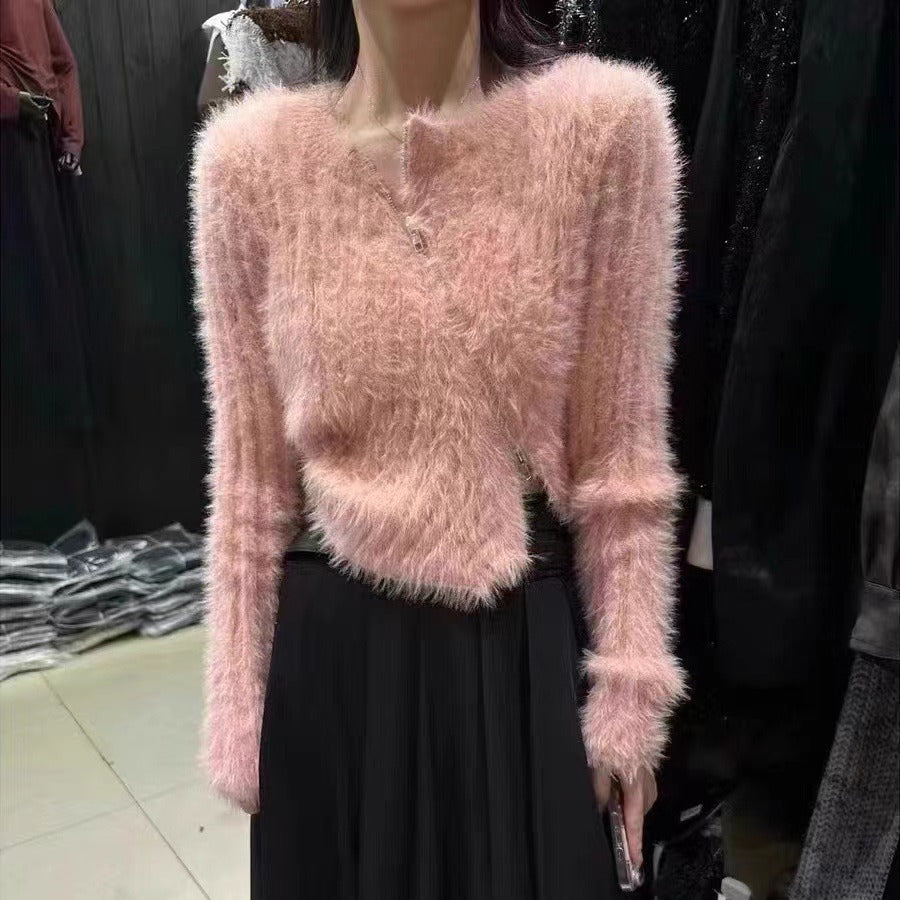 Damen Fluffy Pullover mit modischem Schnitt und praktischen Reißverschluss Drune