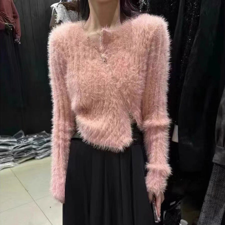 Damen Fluffy Pullover mit modischem Schnitt und praktischen Reißverschluss Drune