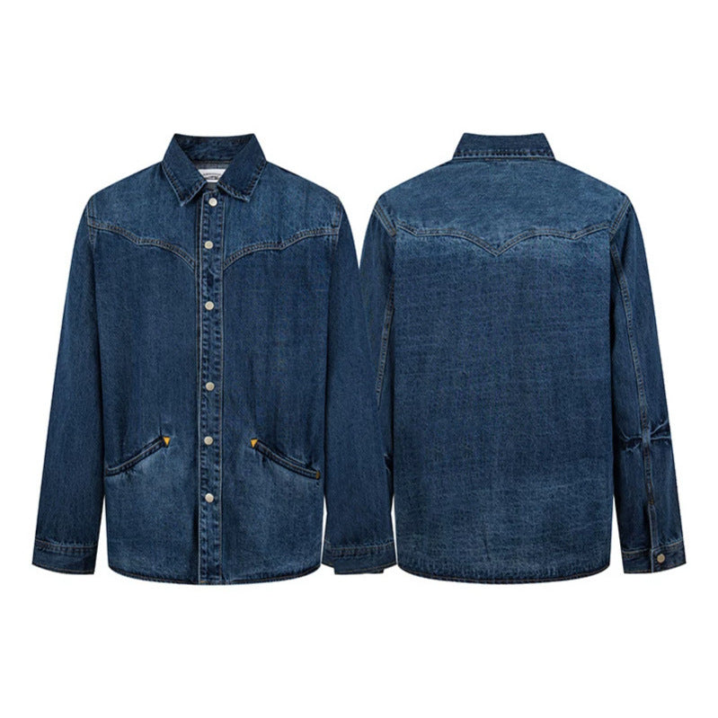 Unisex Jeans-Overshirt mit Druckknöpfen, Westernpasse und schlichten Eingrifftaschen Drune
