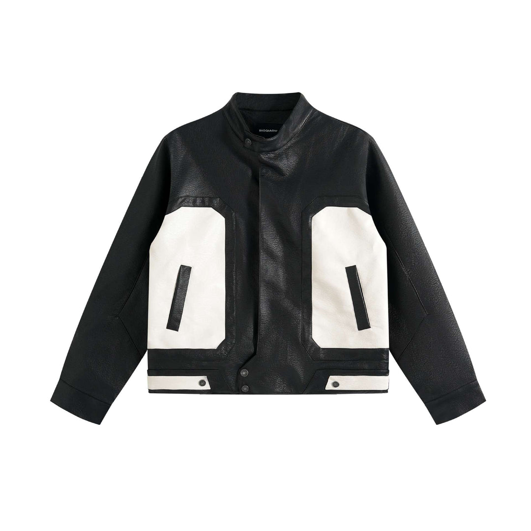 Unisex Boxy-Colorblock-Bomberjacke aus Lederoptik mit hohem Stehkragen Drune