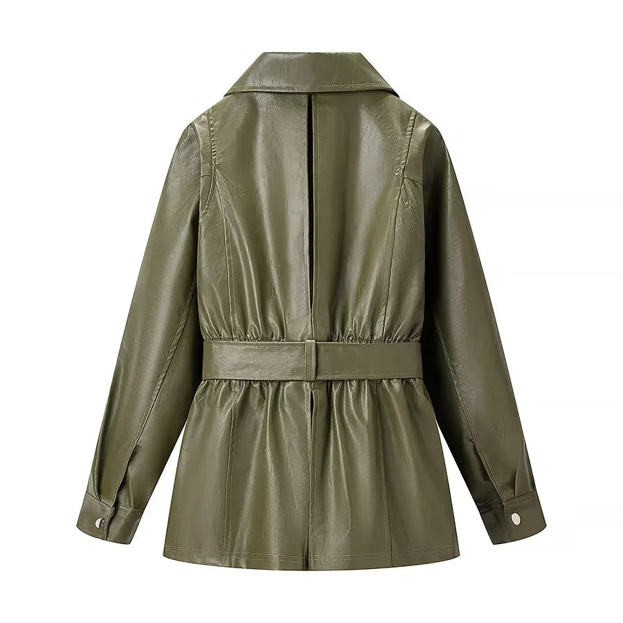 Damen nan taillierte Kunstleder-Fieldjacke mit Bindegürtel, durchgehendem Metallreißverschluss und zwei Reißverschlusstaschen Drune