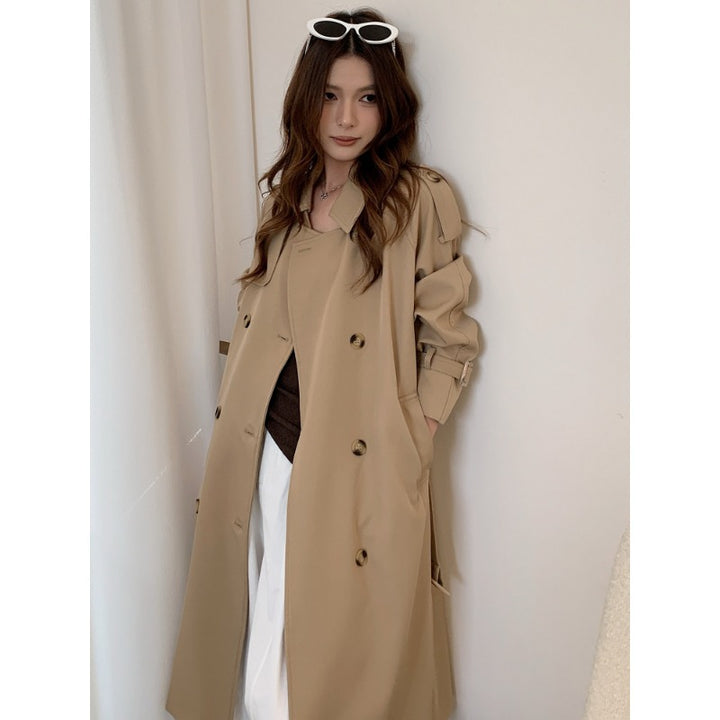 Damen langer doppelreihiger Trenchcoat mit Schulterklappen und Taillengürtel Drune