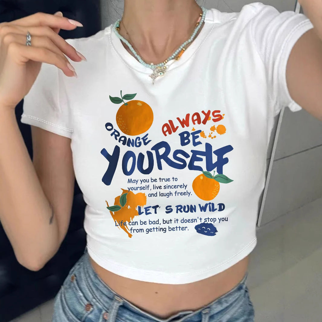 Damen Crop-T-Shirt mit inspirierendem Schriftzug und fröhlichem Obstmotiv Drune