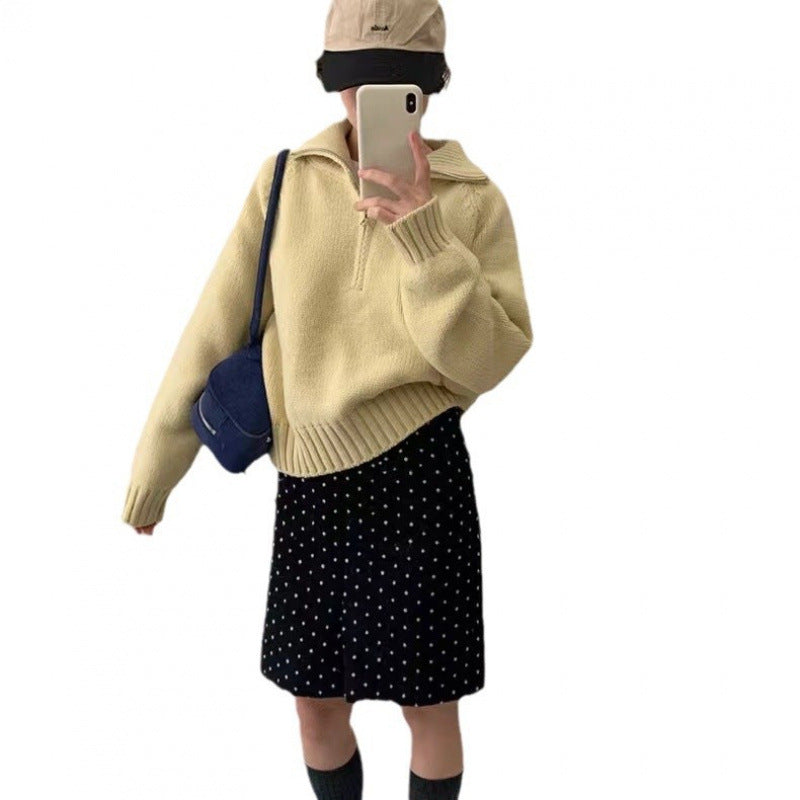 Damen Kuscheliger Gestrickter Pullover mit Stehkragen und Reißverschluss Drune