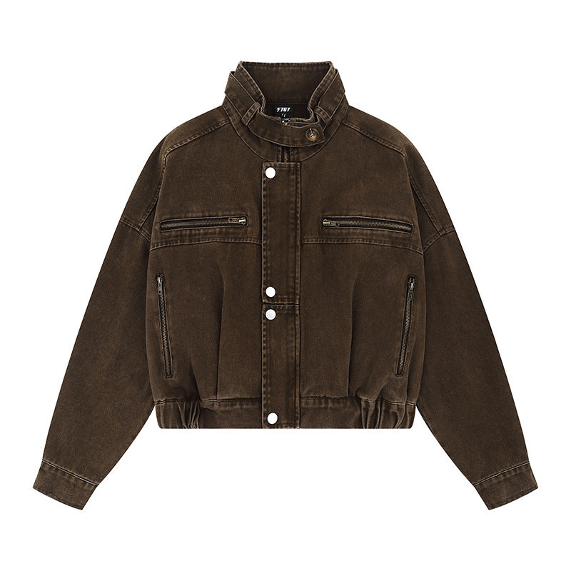 Damen Cropped Utility-Bomberjacke mit Stehkragen, Reißverschlusstaschen und Elastbund Drune