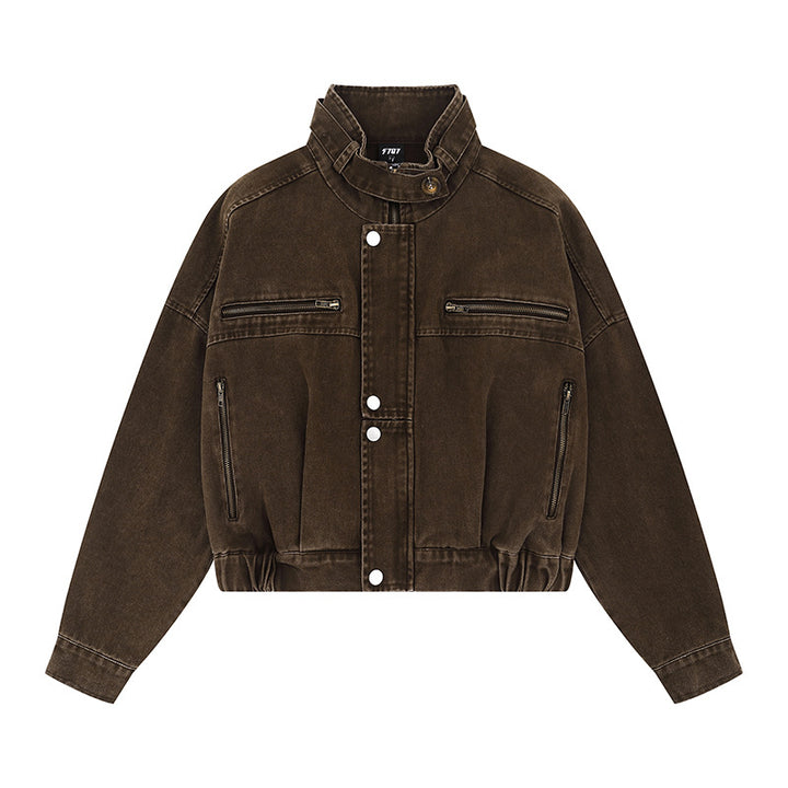 Damen Cropped Utility-Bomberjacke mit Stehkragen, Reißverschlusstaschen und Elastbund Drune
