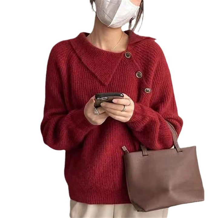 Damen Strickpullover mit besonderem Kragen und Knopfdetails Drune