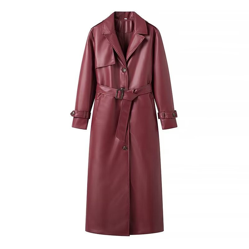 Damen nan langer veganer Trenchcoat aus Lederimitat mit Schalkragen, Bindegürtel und verstellbaren Ärmelriegeln Drune