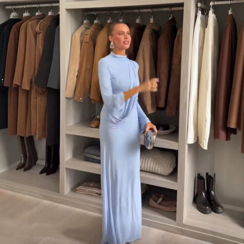 Damen Maxikleid mit Drapierter Front, Stehkragen und Glockenärmeln Drune