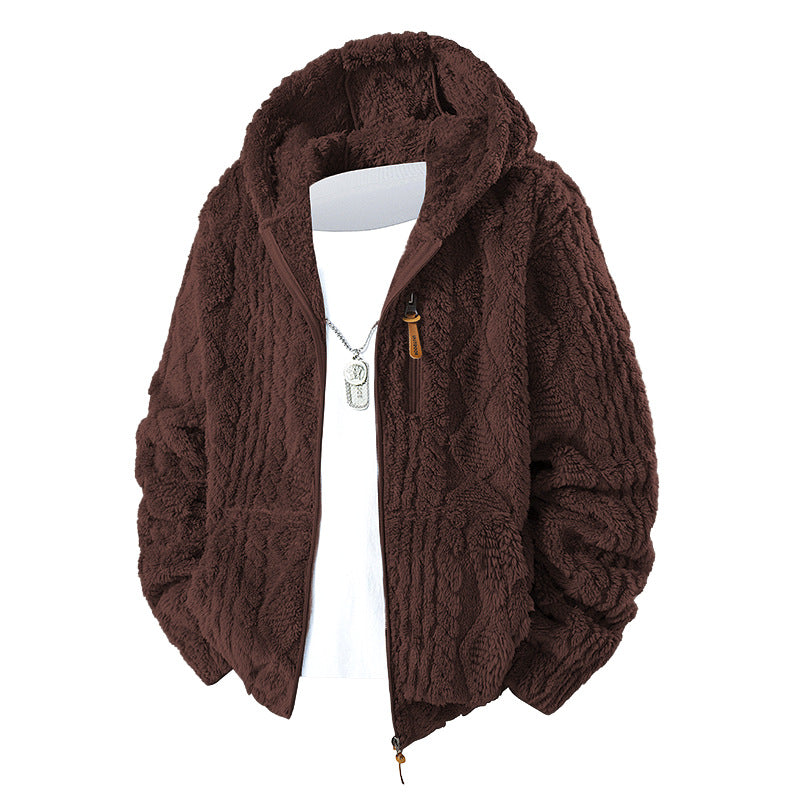 Herren Kuschelige Teddy-Fleece Kapuzenjacke mit durchgehendem Reißverschluss und Brusttasche Drune