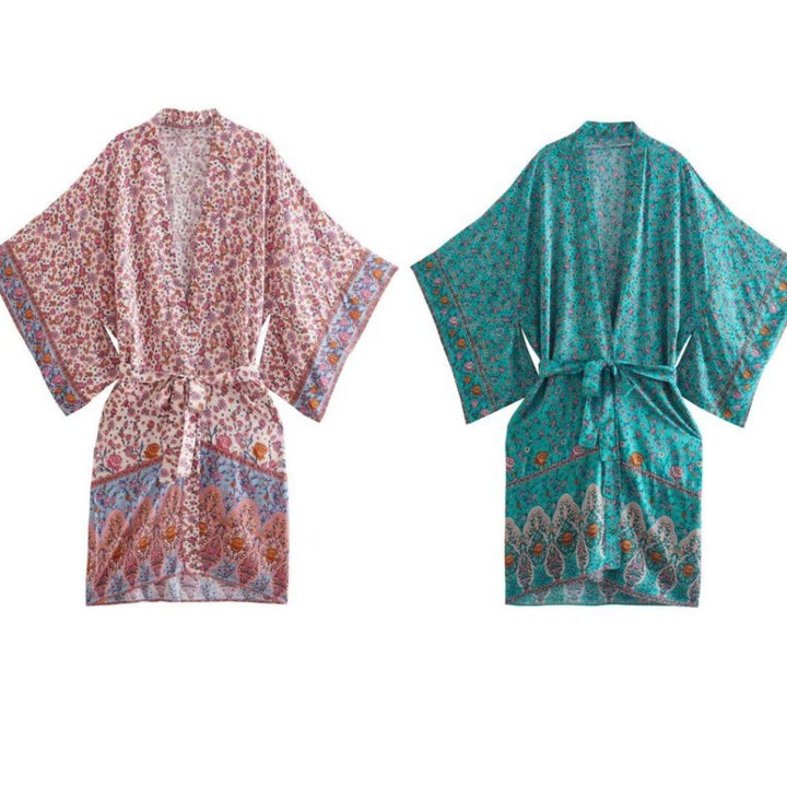 Damen Kurzer Boho-Kimono-Morgenmantel mit Bindegürtel und breiten Kimonoärmeln Drune