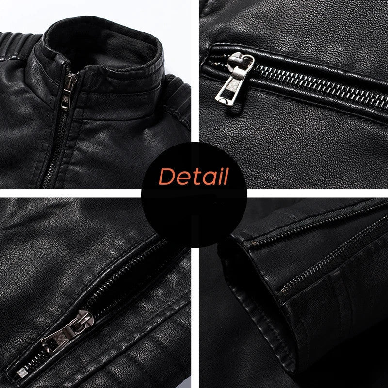 Herren Slim-Fit Biker-Lederjacke mit Stehkragen und gesteppter Schulterpartie Drune