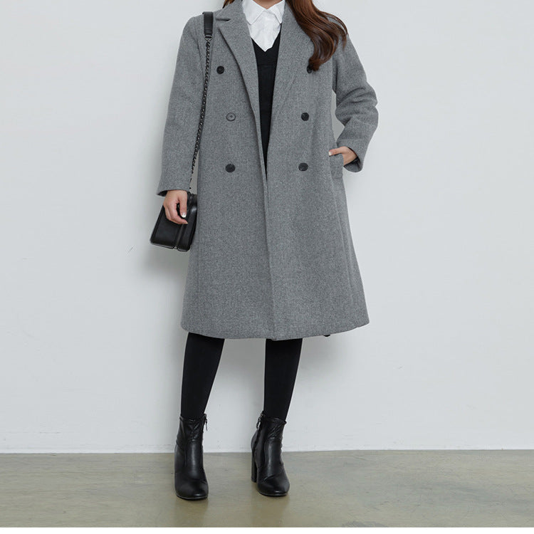Damen Lang geschnittener Wollmix-Mantel im minimalistischen Doppelreiher mit tiefem Revers Drune