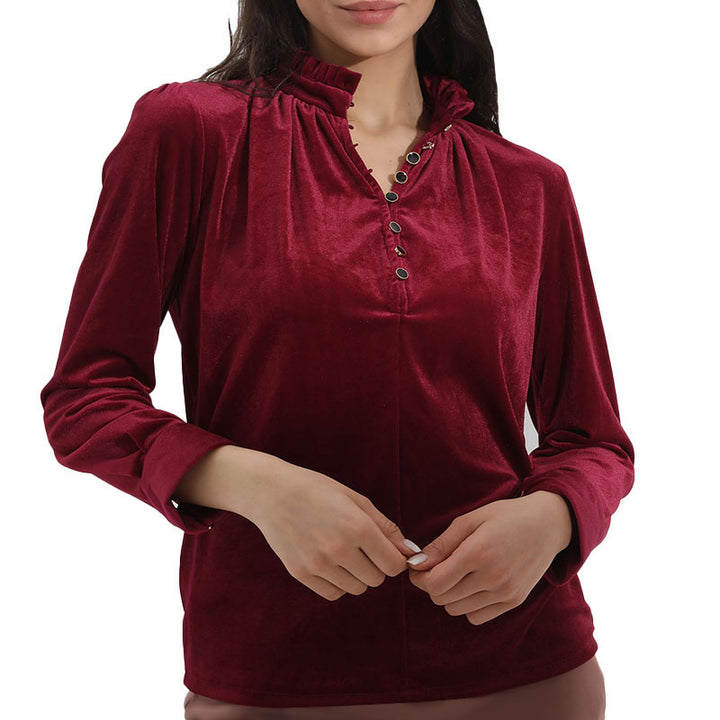 Damen Elegantes Samtoberteil mit gerafftem Kragen und Knopfdetails Drune