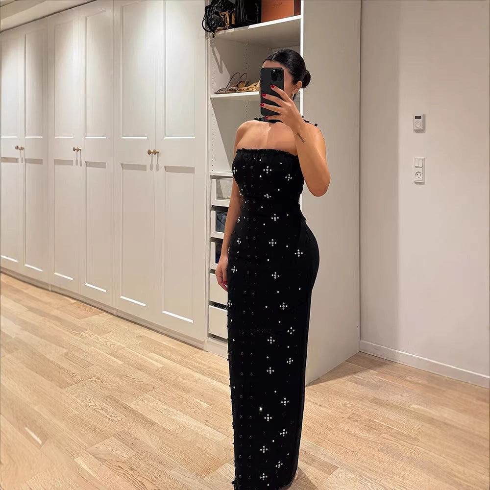 Damen Couture Maxikleid mit schimmernden Pailletten und strapless Design Drune