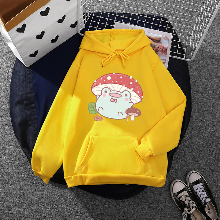 Damen nan weicher Oversize-Kapuzenpullover mit kawaii Pilzfrosch-Print, Kängurutasche und gerippten Bündchen Drune