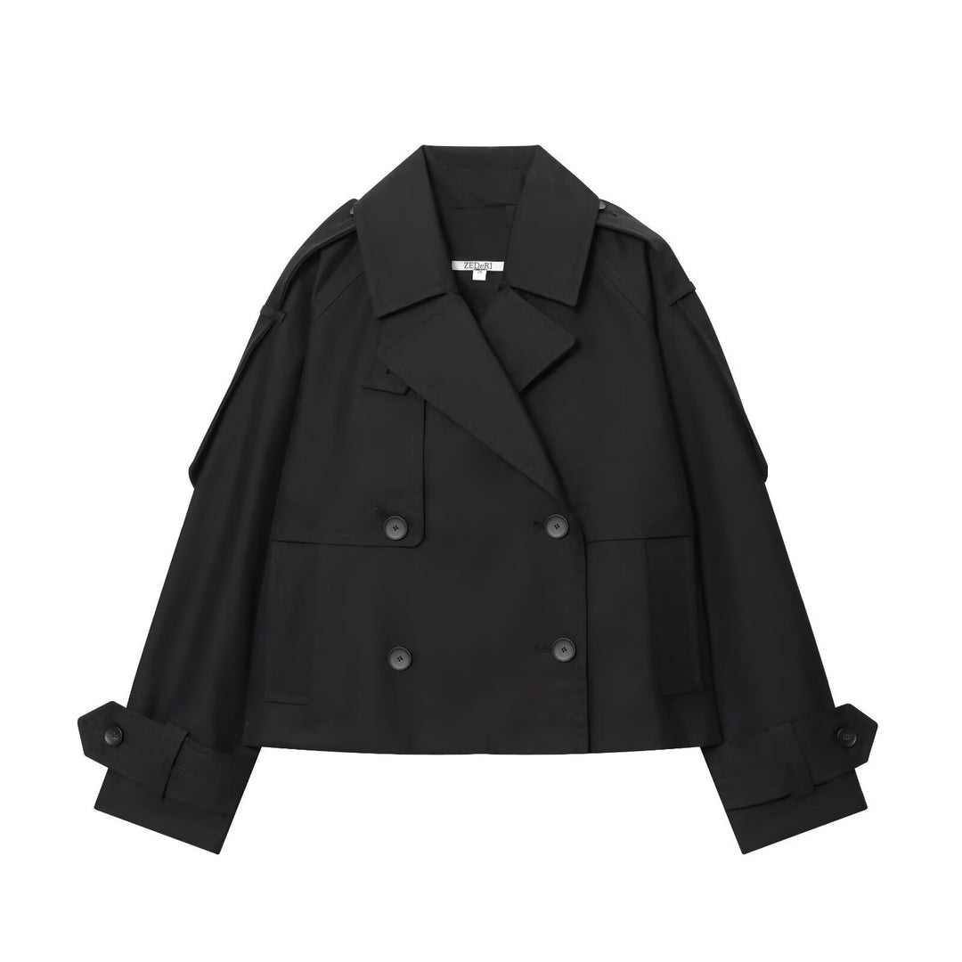 Damen 300+ kurzer doppeltreihiger Cropped‑Trenchcoat mit Epauletten und verstellbaren Manschetten Drune