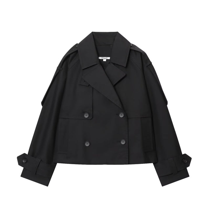 Damen 300+ kurzer doppeltreihiger Cropped‑Trenchcoat mit Epauletten und verstellbaren Manschetten Drune