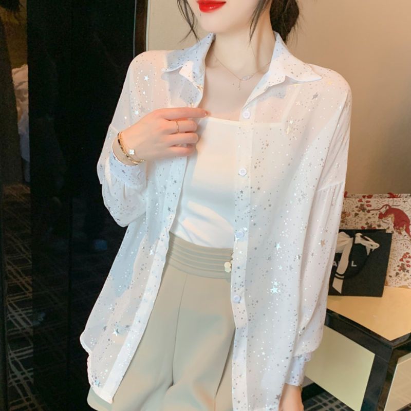 Damen transparente Bluse mit funkelnden Sternen Drune
