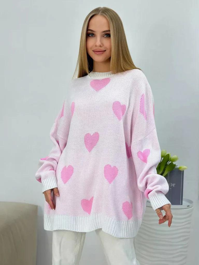 Damen Oversize Strickpullover mit Herz‑Motiv, Rippbündchen & weiter Silhouette Drune