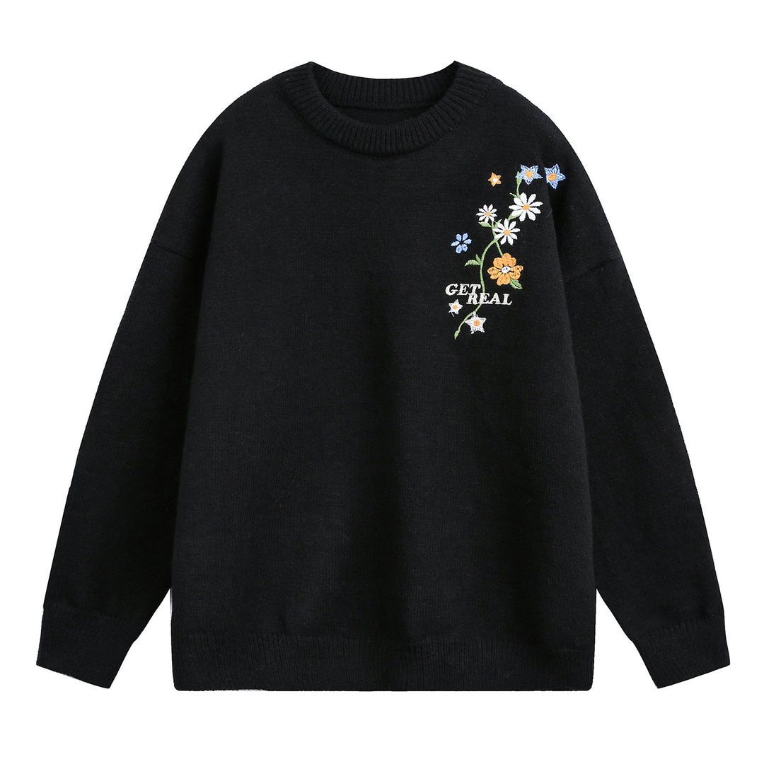 Damen Weit geschnittener Rundhals‑Strickpullover mit floraler Stickerei Drune