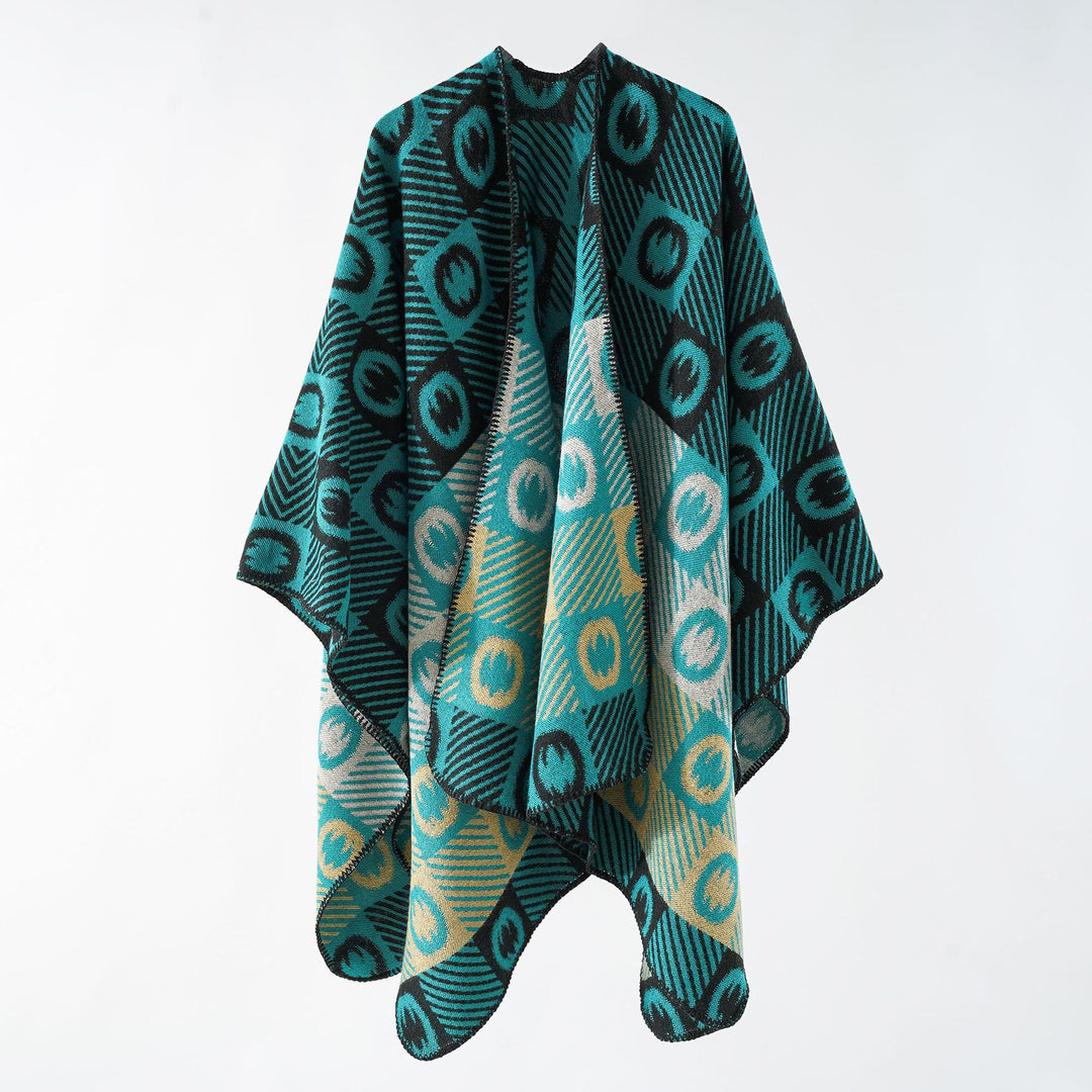 Damen Jacquard-Wickelponcho aus feinem Strick mit grafischem Kreis-Jacquard und offener Kimono-Silhouette Drune