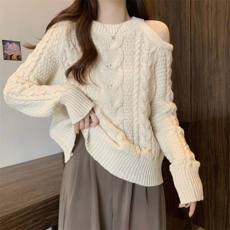 Damen Grobstrickpullover mit asymmetrischem Schulterdesign und Zopfmuster Drune