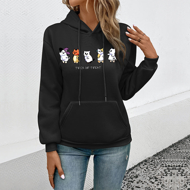 Damen Kapuzenpullover mit Cartoon-Katzen-Motiv, Kängurutasche und weichem Futter Drune