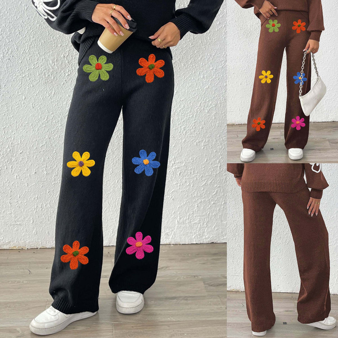 Damen lässige Strickhose mit bunten Blumenapplikationen Drune