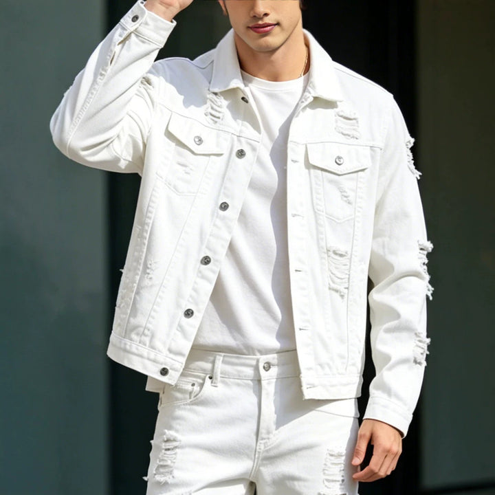 Herren Modische Jeansjacke mit Zerrissenen Details Drune