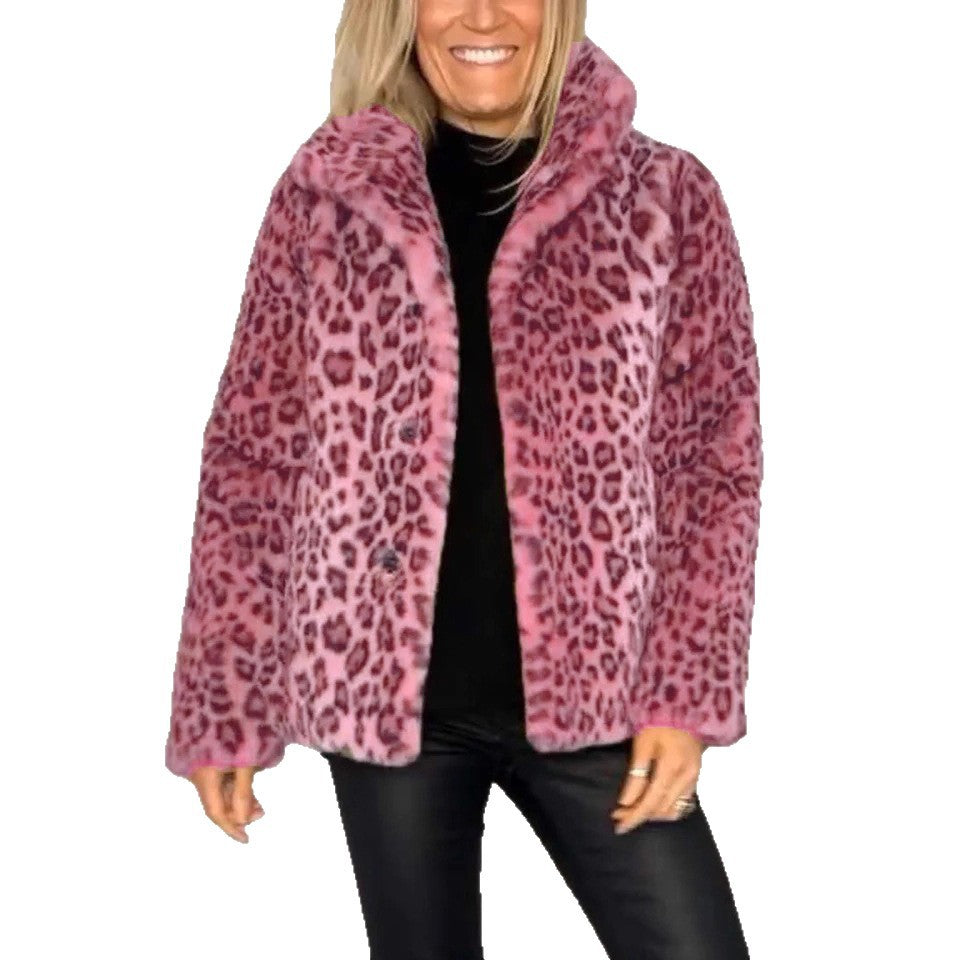Damen Flauschige Leopardmuster Jacke mit hohem Kragen Drune