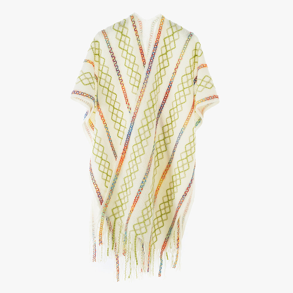 Damen Gewebter Fransenponcho mit V‑Ausschnitt und buntem Reliefjacquard Drune