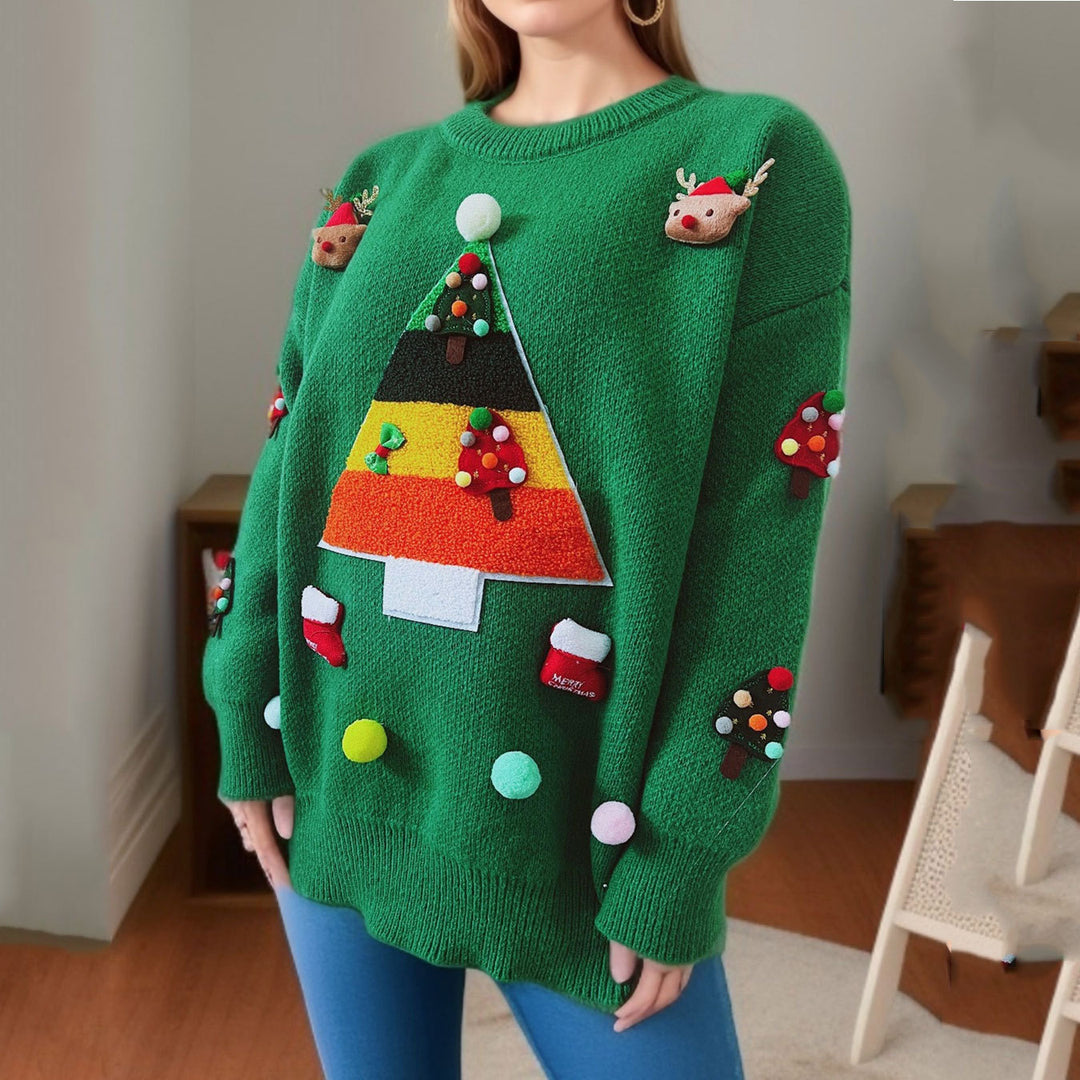 Damen Weihnachts-Pullover mit fröhlichem Weihnachtsbaum-Design und 3D-Applikationen Drune