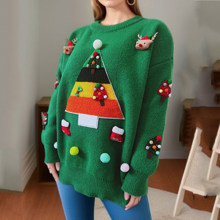 Damen Weihnachts-Pullover mit fröhlichem Weihnachtsbaum-Design und 3D-Applikationen Drune