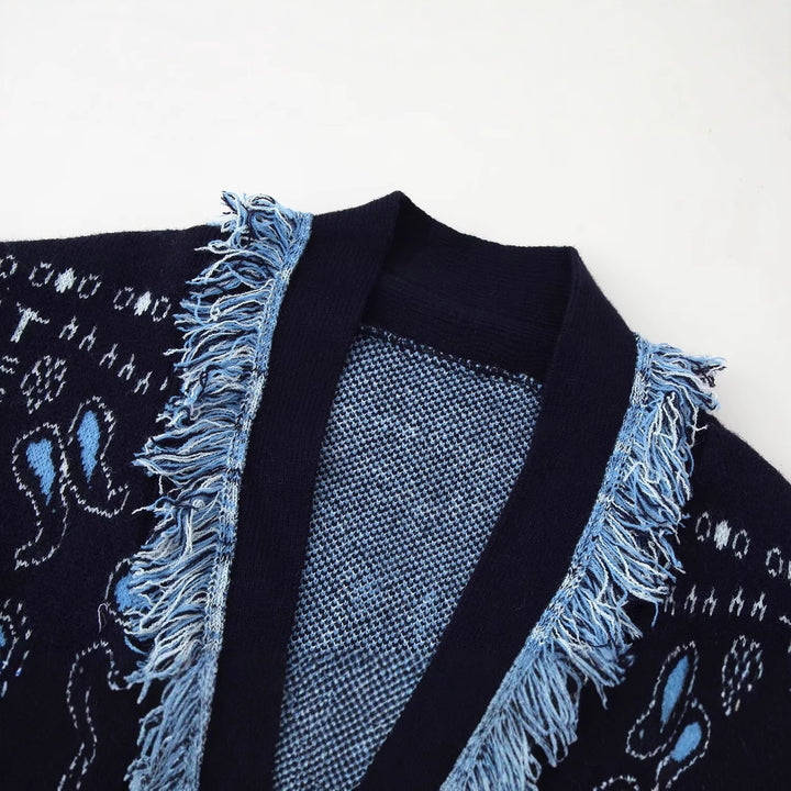 Damen Fransen-Kimono-Cardigan mit Paisley-Jacquard und Bindegürtel Drune