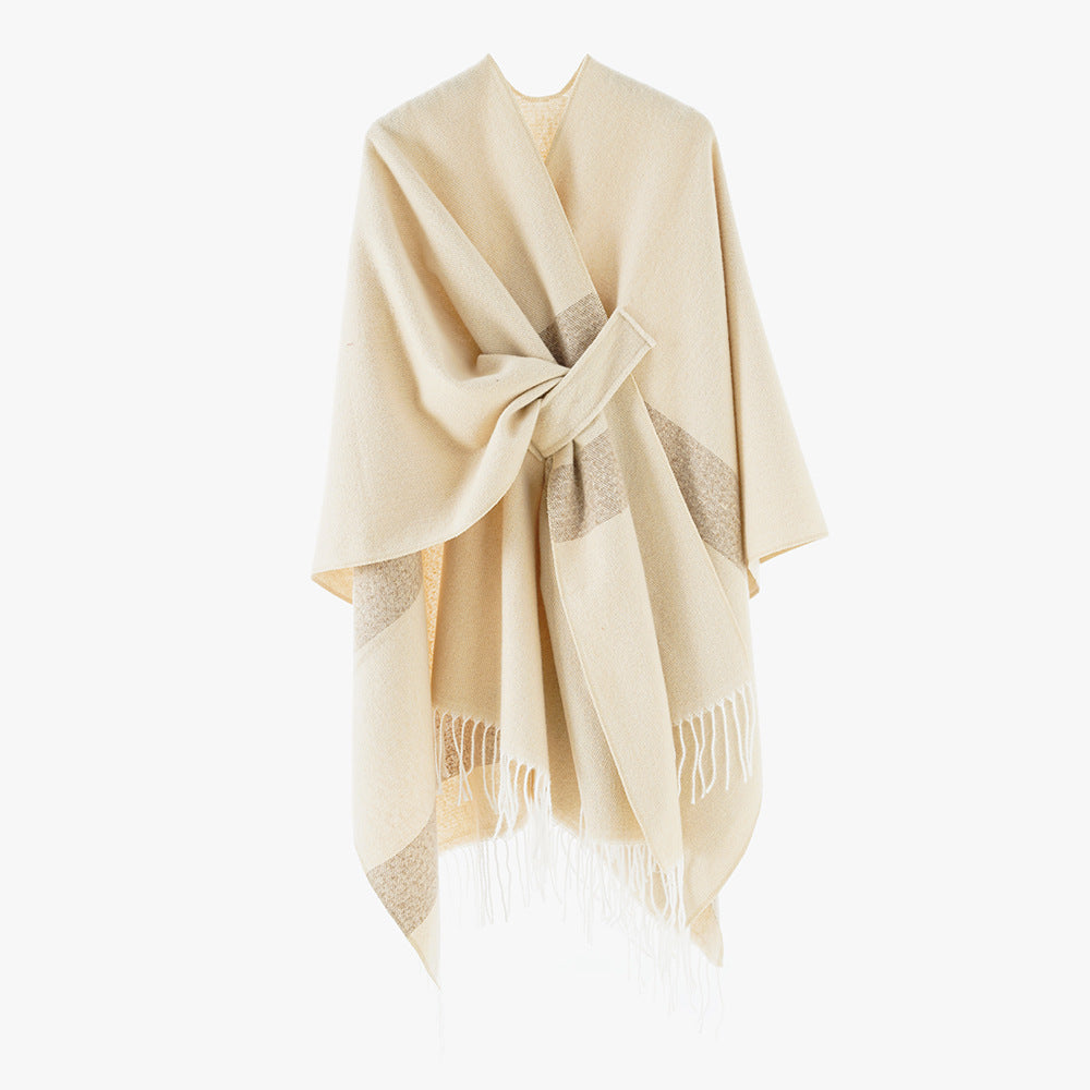 Damen Oversize-Capeponcho aus Wollmix mit diagonaler Kontrastkante und Fransen Drune