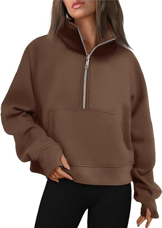 Damen nan cropped Halbzip-Sweatshirt mit hohem Stehkragen, Kängurutasche und überschnittener Schulter Drune