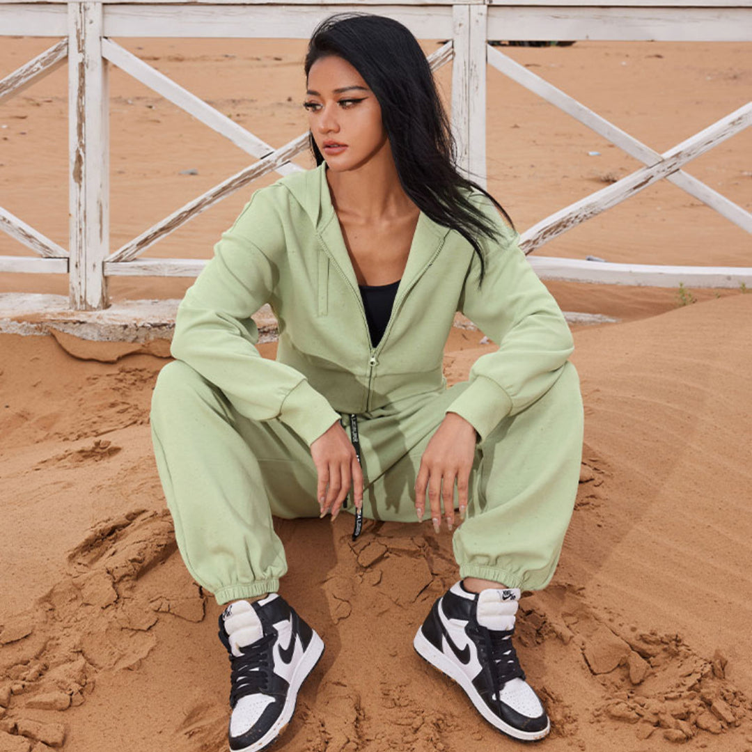 Damen Zweiteiliges Cropped Reißverschluss-Hoodie mit elastischer High-Waist Jogginghose Drune