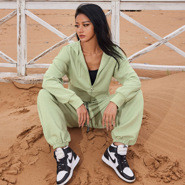 Damen Zweiteiliges Cropped Reißverschluss-Hoodie mit elastischer High-Waist Jogginghose Drune
