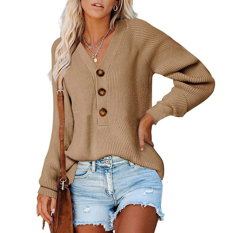 Damen Gerippter Strickpullover mit V‑Ausschnitt, Zierknopfleiste und Ballonärmeln Drune