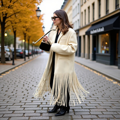 Damen Langmantel mit langem Fransen‑Saum, kastiger Oversize‑Silhouette und Reverskragen Drune