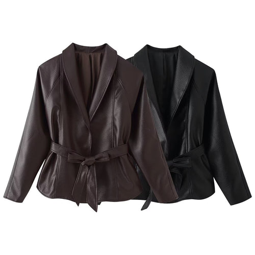 Damen Kurzblazer aus veganem Leder mit Schalkragen und Taillenbindegürtel Drune