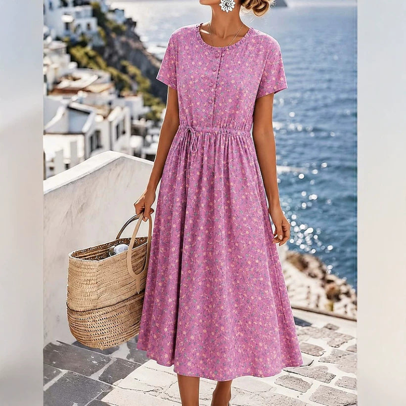 Damen Midikleid mit floralem Alloverprint, Tunnelzugtaillenband und Knopfleiste Drune
