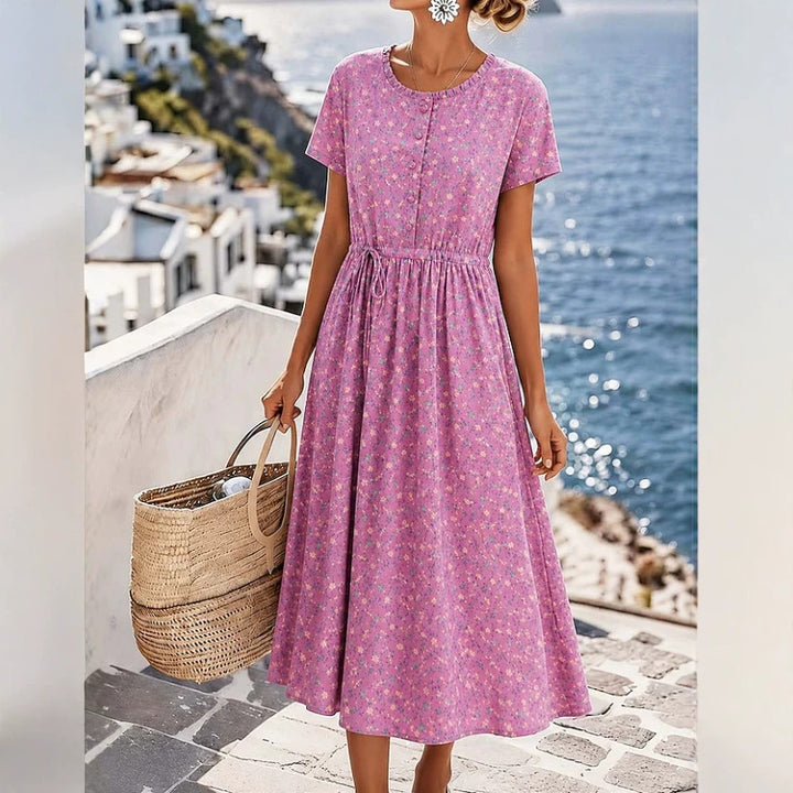 Damen Midikleid mit floralem Alloverprint, Tunnelzugtaillenband und Knopfleiste Drune
