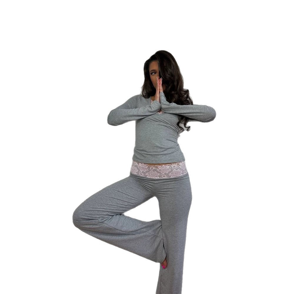 Damen Figurbetontes Lounge-Set mit Spitzendetail, High‑Waist Leggings & Crop-Top Drune
