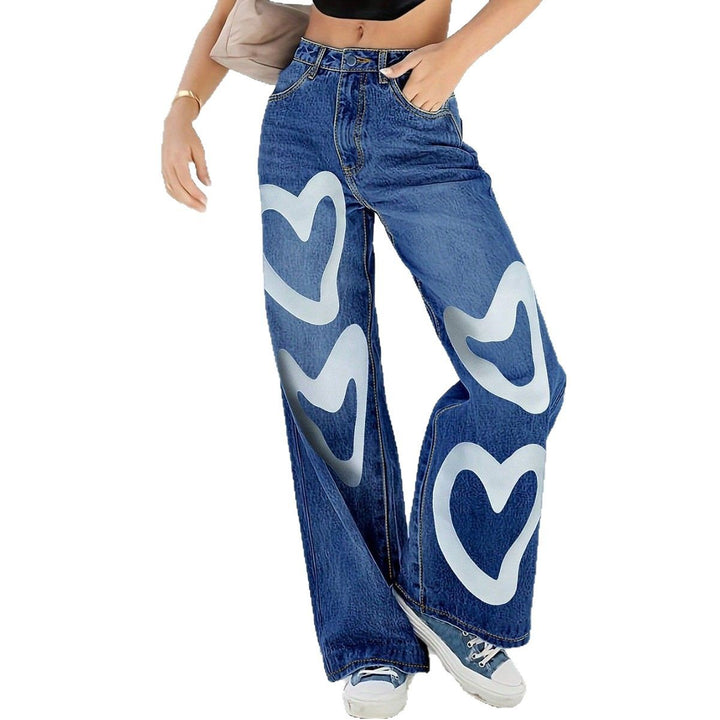 Damen High-Waist Wide-Leg-Jeanshose mit großflächigem Herz-Print Drune