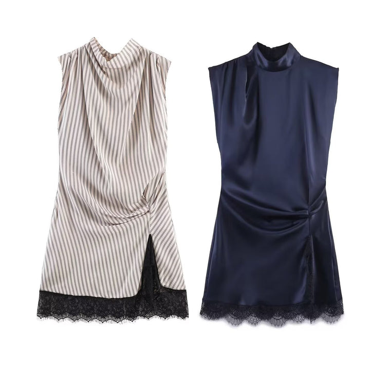Damen elegantes Kleid mit transparentem Spitzenrand Drune
