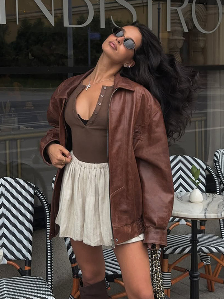 Damen Oversize-Lederimitatjacke im Bikerstil mit Hemdkragen und Reißverschluss Drune