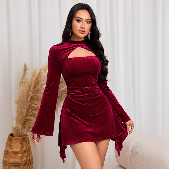 Damen Elegantes Samt-Minikleid mit ausgefallenem Cut-Out und langen Ärmeln Drune