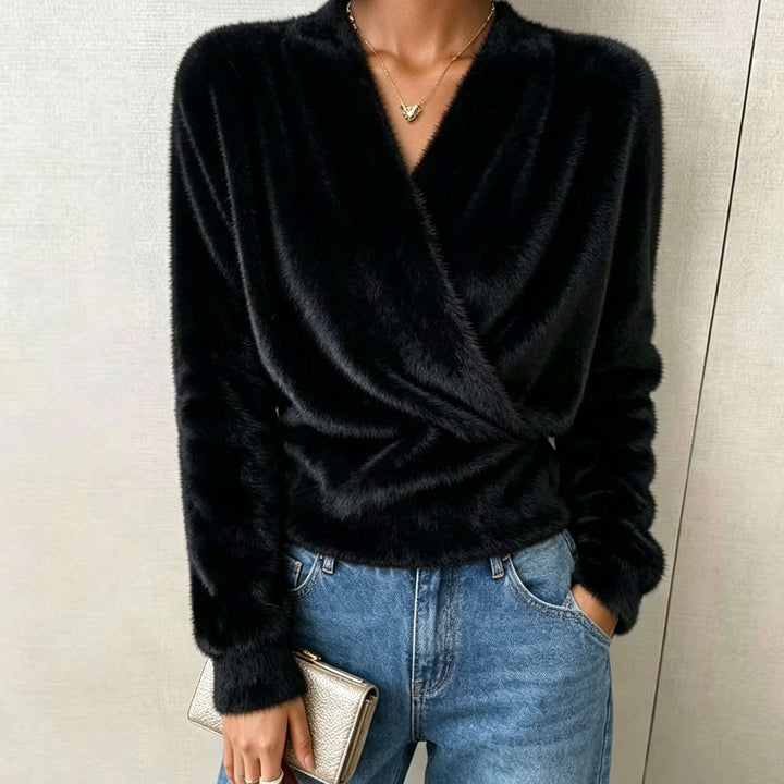 Damen Kuscheliger Wickel‑Pullover aus Faux‑Fur mit tiefem V‑Ausschnitt Drune
